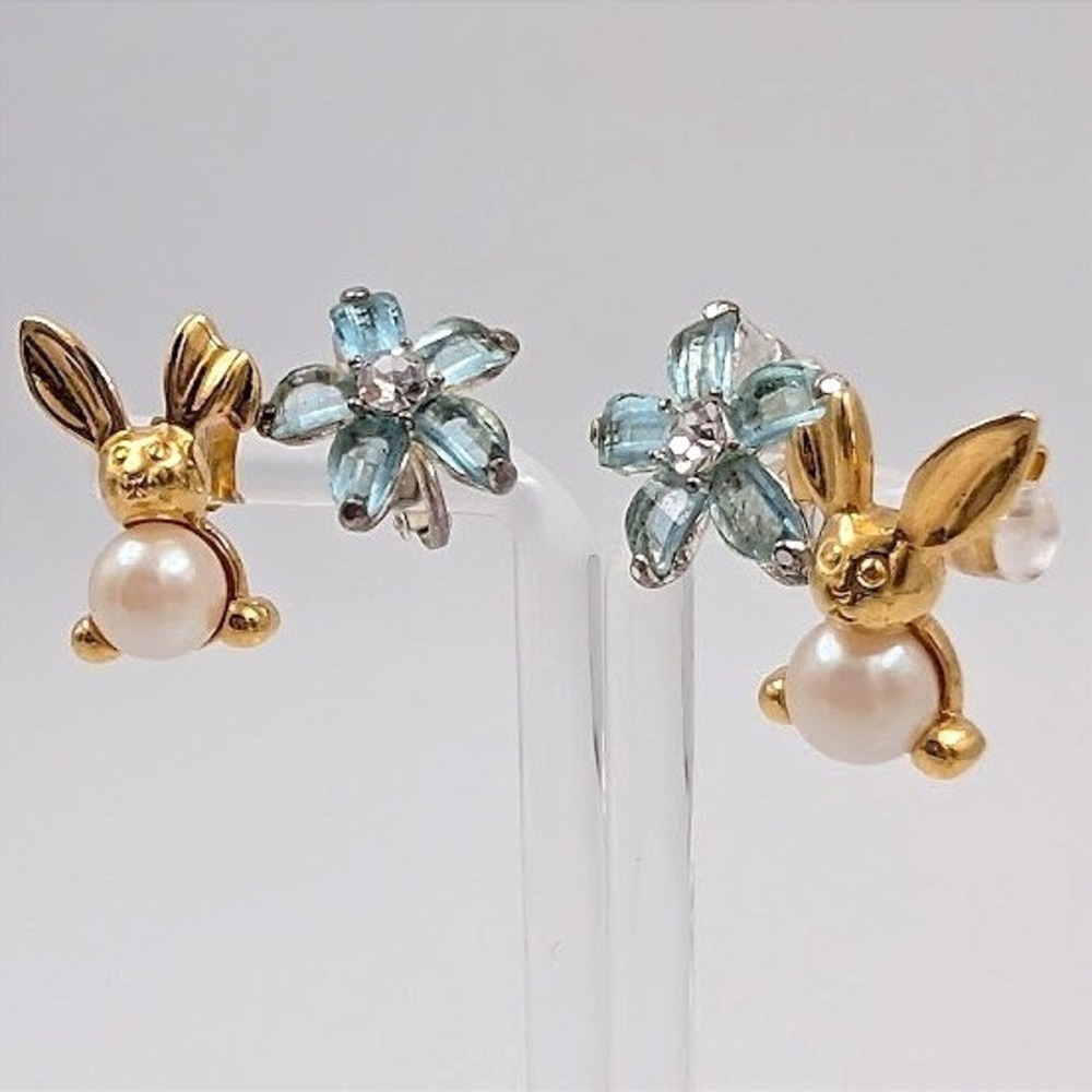 Easter Avon Bunny Pearl and Blue Flower Earrings Lot 2 Pairs Spring